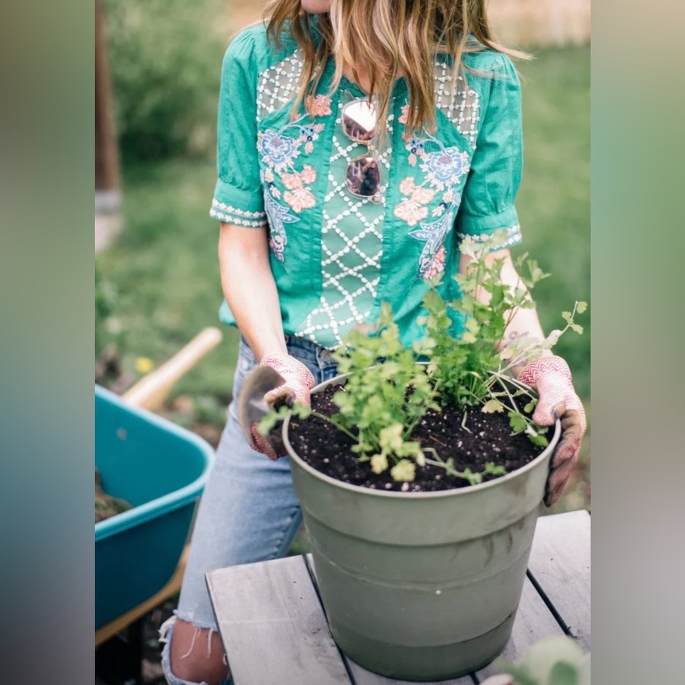 Anthropologie Maeve Embroidered Green Top